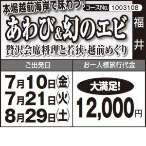 《大満足！》本場越前海岸で味わう！『あわび＆幻のエビ』贅沢会席料理と若狭・越前めぐり